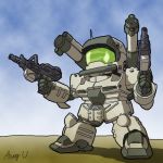  artist_request chibi dual_wielding gradient gradient_background gun guncannon guncannon_mp_type gundam gundam_side_story:_rise_from_the_ashes mecha no_humans outdoors sky solo weapon 