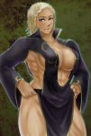  1girl abs artist_request blonde_hair blush breasts cleavage dark_skin female gradient gradient_background large_breasts looking_at_viewer muscle scar solo thick_thighs violet_eyes 