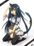  1girl ahoge animal_ears bells blue_hair brown_hair claindelune dress eating long_hair ribbon simple_background star striped_background tail thigh-highs yellow_eyes 