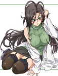  1girl breasts female glasses green_eyes hasegawa_chisato large_breasts long_hair looking_at_viewer mole official_art ookuma_(nitroplus) open_mouth shinmai_maou_no_testament simple_background sitting skirt smile solo striped_background sweater thigh-highs 