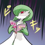  book gardevoir gradient gradient_background green_hair hair_over_one_eye nintendo no_humans open_mouth pokemon red_eyes short_hair solo text translation_request 