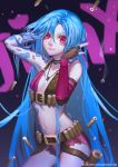  1girl adjusting_hair alternate_hairstyle bikini_top blue_hair bullet flat_chest hair_down jinx_(league_of_legends) league_of_legends looking_at_viewer nail_polish navel pink_eyes short_shorts shorts simple_background solo songjikyo stomach tattoo thigh_holster very_long_hair 