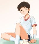  1boy androgynous bandage brown_hair ebi-rom gradient gradient_background gym_uniform ikari_shinji male_focus neon_genesis_evangelion orange_eyes solo 