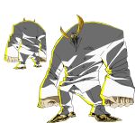  1boy character_sheet concept_art from_behind full_body giant glowing glowing_eyes katana laomoto_khan mask ninja ninja_slayer official_art old_man simple_background solo standing suit sword white_background yellow_eyes 