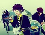  3boys band drum gradient gradient_background guitar instrument kekkai_sensen klaus_von_reinhertz leonardo_watch microphone multiple_boys zap_renfro 