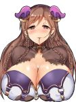  1girl blush bra braids breasts brown_eyes brown_hair cleavage cosplay demon_girl earrings female hair_in_mouth heart heart-shaped_pupils highres horns huge_breasts idolmaster idolmaster_cinderella_girls jewelry large_breasts long_hair looking_at_viewer nitta_minami poko_chin simple_background solo succubus symbol-shaped_pupils underwear upper_body white_background 