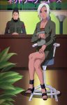  1boy 1girl black_hair breasts chair cleavage dark_skin feet fishnets flak_jacket green_eyes legs legs_crossed looking_at_viewer mabui_(naruto) nara_shikaku naruto naruto_shippuuden ninja scar screencap silver_hair sitting stitched toes 