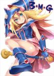  1girl ass blonde_hair boots breasts cleavage dark_magician_girl duel_monster female green_eyes hat long_hair looking_at_viewer simple_background smile solo sonsoso wand wizard_hat yu-gi-oh! yuu-gi-ou_duel_monsters 
