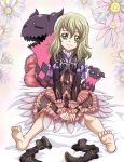  1girl barefoot boots brown_hair dress elize_lutus feet frills gradient gradient_background green_eyes jewelry necklace no_shoes pillow short_hair smile socks soles tales_of_(series) tales_of_xillia teepo_(tales) toes 