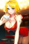  1girl bar blonde_hair blue_eyes breasts female gloves large_breasts short_hair solo tattoo 