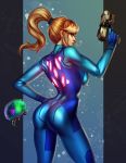  1girl ass bangs blonde_hair bodysuit contrapposto cowboy_shot evulchibi from_behind gradient gradient_background gun hand_on_hip highres huge_ass long_hair looking_at_viewer looking_back metroid metroid_(creature) ponytail samus_aran skin_tight solo swept_bangs weapon zero_suit 