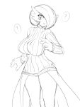  1girl :o ? alternate_breast_size breasts curvy female gardevoir hair_over_one_eye highres impossible_clothes jadf large_breasts looking_at_viewer monochrome nintendo no_humans open_mouth pokemon ribbed_sweater short_hair simple_background solo sweater thighs 