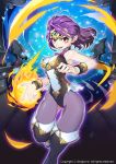  1girl bare_shoulders boots bracelet breasts fire flame jewelry looking_at_viewer makio00 official_art open_mouth original sid_story smile solo thigh-highs thigh_boots tiara violet_eyes yellow_eyes 