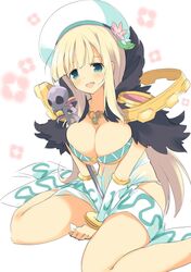  1girl aqua_eyes blonde_hair blush breasts cleavage curvy female hat kaede_(sayappa) large_breasts long_hair looking_at_viewer open_mouth ragnarok_online senran_kagura senran_kagura_(series) simple_background sitting smile solo wide_hips yomi_(senran_kagura) 