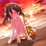  1girl barefoot beach bikini black_hair hitsuji_(hitsuji_kikaku) love_live!_school_idol_project red_eyes sky solo swimsuit twintails yazawa_nico 