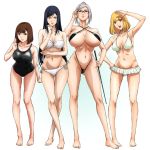  4girls adjusting_glasses barefoot bikini bikini_skirt black_bikini black_hair black_swimsuit blonde_hair bra breasts brown_hair cleavage feet glasses hand_on_hip huge_breasts kurihara_chiyo_(prison_school) kurihara_mari_(prison_school) large_breasts legs_crossed lineup long_hair looking_at_viewer micro_bikini midorikawa_hana multiple_girls navel official_art one-piece_swimsuit open_mouth panties prison_school shiraki_meiko short_hair side-tie_bikini simple_background sling_bikini smile standing swimsuit thong underwear white_bikini white_bra white_hair white_panties white_swimsuit 