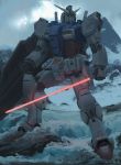  energy_sword glowing glowing_eyes gundam mecha mobile_suit_gundam mountain rx-78-2 ryan_lang shield snow sword weapon 