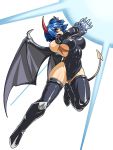  1girl 90s blue_hair blush breasts cleavage curvy demon_girl energy erect_nipples feet female fushisha_o horns large_breasts magic monster_farm monster_girl open_mouth pixie_(monster_farm) pointy_ears poison_(monster_farm) red_eyes shiny shiny_skin short_hair sideboob simple_background solo succubus tail thick_thighs wide_hips wings 