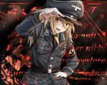  1girl armband background_text belt blonde_hair brown_eyes burning_eyes buttons clothes_writing cuff_title dress_shirt gloves gradient gradient_background hair_ornament hand_on_headwear hand_on_hip hat iron_cross karo-chan long_hair looking_at_viewer military military_ribbon military_uniform nazi necktie original peaked_cap pocket reichsadler schutzstaffel shirt skull smile solo sturmbannfuhrer swastika totenkopf uniform white_gloves 