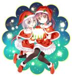 2girls :d :o bangs black_legwear blue_eyes boots brown_eyes capelet christmas commentary_request fur-trimmed_capelet fur_trim glasses grey_hair hat highres holding holly ikeda_chitose kneehighs looking_at_viewer mittens multiple_girls namori open_mouth pantyhose pleated_skirt ponytail red_boots redhead round_glasses santa_costume santa_hat skirt smile snowing sugiura_ayano white_skirt yuru_yuri 