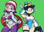  2girls blue_skin blush breasts cleavage cuffs handcuffs leotard lips mighty_switch_force! multiple_girls narrow_waist navel patricia_wagon purple_hair red_eyes risky_boots shantae simple_background thick_thighs wayforward wide_hips yellow_sclera 