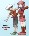  10s 1boy 1girl blue_hair blush closed_eyes couple gradient gradient_background hood npc_trainer pokemon pokemon_(game) pokemon_oras team_magma team_magma_grunt team_magma_grunt_(remake) yuuki_(pokemon) 