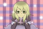  1girl blush brown_hair dress elize_lutus frills green_eyes jewelry long_hair necklace plaid plaid_background ribbon smile solo tales_of_(series) tales_of_xillia teepo_(tales) 