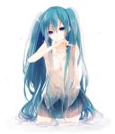  1girl aqua_hair blue_eyes hatsune_miku highres long_hair looking_at_viewer partially_submerged simple_background skirt sleeveless solo t_miyanagi twintails vocaloid wet wet_clothes white_background 