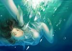  1girl breasts brown_eyes brown_hair bubbles deathwingxiii gradient gradient_background ocean solo underwater wet 