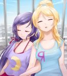  2girls ayase_eli blonde_hair breasts cleavage closed_eyes eclosion large_breasts long_hair love_live!_school_idol_project multiple_girls open_mouth purple_hair sitting smile sweat toujou_nozomi 
