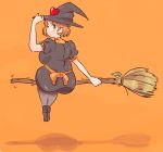  1girl ass broom brown_hair hat huge_ass inkerton-kun looking_at_viewer looking_back mamachan milf one_eye_closed simple_background solo wink witch_hat 