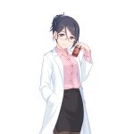  1girl black_hair black_pantyhose black_skirt can canned_coffee coat glasses holding holding_can labcoat mitsuki_(princess_connect!) official_art pantyhose pink_shirt princess_connect! shirt skirt transparent_background white_coat 
