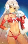  1girl altera_the_santa bangs bare_shoulders bikini blue_background blush breasts closed_mouth collarbone contrapposto cowboy_shot dark_skin dated detached_sleeves fate/grand_order fate_(series) forehead_protector fur_trim gluteal_fold gradient gradient_background hand_on_hip head_tilt hijiri_ruka light_particles long_sleeves looking_at_viewer mittens navel over_shoulder red_bikini red_choker red_eyes sack short_hair signature silver_hair small_breasts solo standing stomach swimsuit tattoo thighs veil 