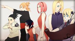  2boys 4girls black_hair blonde_hair border boruto:_the_movie facial_mark forehead_mark forehead_protector gradient gradient_background hairband haruno_sakura mother_and_daughter mother_and_son multiple_boys multiple_girls nara_shikadai naruto pink_hair scroll short_hair temari topknot uchiha_sarada yamanaka_ino yamanaka_inojin 