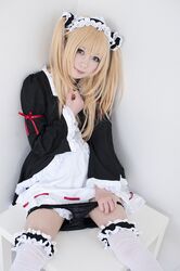  asian black_panties blonde_hair boku_wa_tomodachi_ga_sukunai cosplay hairband hasegawa_kobato heterochromia japanese legwear lolita_fashion lolita_hairband panties panty_pull photo sexually_suggestive thigh-highs two_side_up underwear white_legwear 