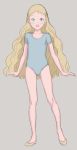  1girl blonde_hair blue_eyes blush child female flat_chest leotard long_hair looking_at_viewer open_mouth simple_background sketch slippers solo standing takatou_sora wavy_hair 