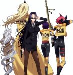  5girls ass black_hair breasts business_suit cyclops doppel_(monster_musume) glasses gun handgun heterochromia highres large_breasts legs long_hair manako monster_girl monster_musume_no_iru_nichijou ms._smith multiple_girls nude ogre one-eyed pistol purple_hair redhead rifle short_hair simple_background skirt smile standing stitched thigh-highs tionishia weapon white_hair yellow_eyes zombina 