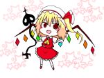  1girl blonde_hair bow chibi female flandre_scarlet hat laevateinn mob_cap red_eyes red_shoes red_skirt side_ponytail simple_background skirt solo touhou wings 