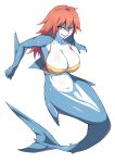  1girl blue_skin breasts cleavage dream_demon female grin large_breasts lipstick long_hair looking_at_viewer makeup mermaid monster_girl original redhead shark shark_girl sharp_teeth simple_background smile solo teeth white_background 