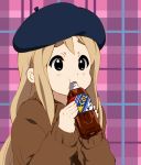  1girl bad_moon blonde_hair blue_eyes bottle hat k-on! k-on!_movie kotobuki_tsumugi long_hair plaid plaid_background solo 