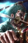  1boy blood dual_wielding earrings fighting_stance gradient gradient_background green_hair jewelry looking_at_viewer male_focus mouth_hold multiple_swords one-eyed one_piece open_clothes open_shirt realistic roronoa_zoro sandai_kitetsu scar shirt shusui solo sword wado_ichimonji weapon 