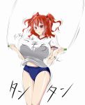  1girl bouncing_breasts breasts buruma female gym_uniform hair_bobbles hair_ornament huge_breasts jumping onozuka_komachi red_eyes redhead shirt short_twintails simple_background solo sport standing touhou tsubaki_(pixiv526735) twintails white_background 