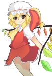  1girl ascot blonde_hair bow brown_eyes fang female flandre_scarlet hat mob_cap open_mouth red_ribbon red_skirt side_ponytail simple_background skirt solo touhou wings 
