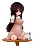  1girl amputee blush bow brown_eyes brown_hair dress glasses long_hair looking_at_viewer mikeysukairain open_mouth quadruple_amputee ribbon simple_background sitting solo table white_background 