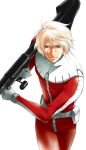  1boy ashika_nozomu blonde_hair blood brown_eyes char_aznable gundam male_focus mobile_suit_gundam pilot_suit rocket_launcher simple_background solo weapon 