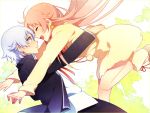  1boy 1girl bell bell_collar collar highres hug isana_yashiro jumping k_(anime) neko_(k) orange_eyes short_hair silver_hair simple_background 