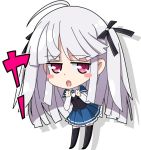  1girl absolute_duo ahoge blush breasts chibi frills grey_hair hair_ornament long_hair open_mouth pink_eyes school_uniform shoes simple_background skirt solo thigh-highs twintails yurie_sigtuna 