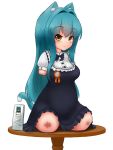  1girl amputee animal_ears animal_tail blue_hair blush bow brown_eyes cat_ears cat_tail dress looking_at_viewer mikeysukairain quadruple_amputee ribbon simple_background sitting solo table tail very_long_hair white_background 