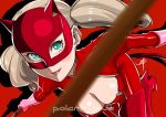  1girl blonde_hair blue_eyes breasts cleavage cleavage_cutout daniel_macgregor domino_mask latex latex_suit looking_at_viewer mask persona persona_5 simple_background solo takamaki_ann thigh_boots twntails whip 