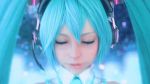  1girl 3d animated animated_gif aqua_eyes aqua_hair eyelashes female gradient gradient_background hand_to_own_mouth hatsune_miku headset lips long_hair looking_at_viewer nail_polish realistic screencap solo square_enix straight_hair twintails vocaloid 